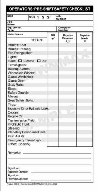 2649 Pre-Shift Safety Checklist