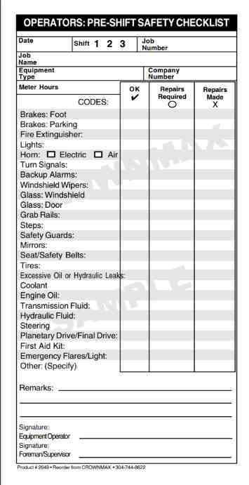 2649 pre-shift safety checklist