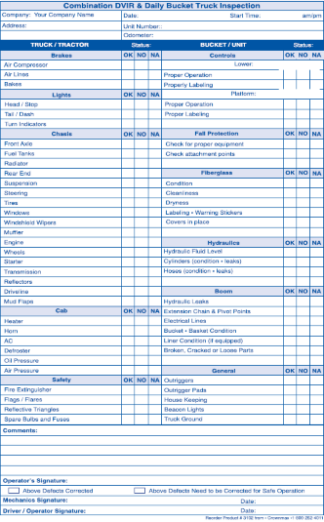 3102 Combination DVIE & Daily Bucket Truck Inspection Checklist