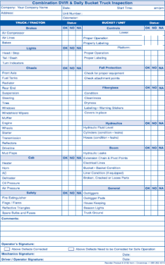 3102 combination dvie & daily bucket truck inspection checklist