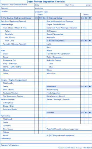 3108 Dozer Pre-Use Inspection Checklist