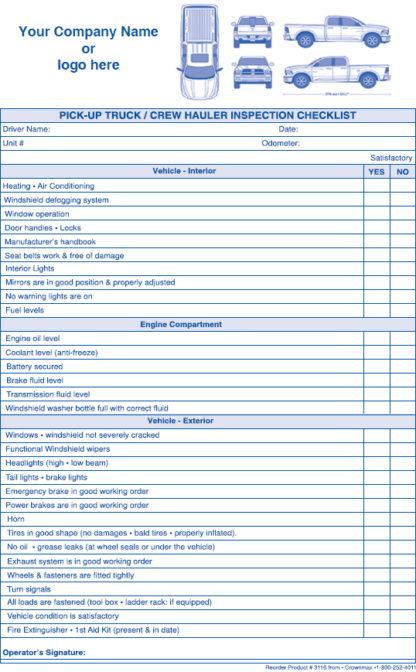 3116 - pick-up truck – crew hauler inspection checklist