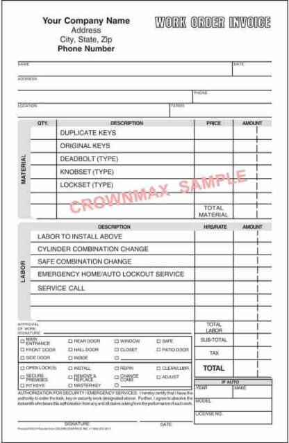 5003 Locksmith Work Order Invoice