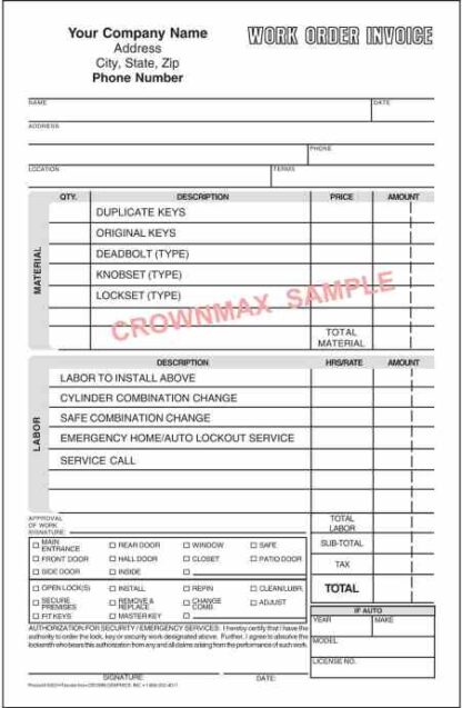 5003 locksmith work order invoice