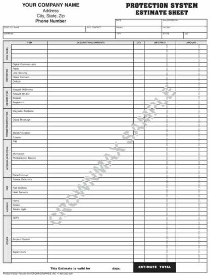 5233 protection system estimate sheet