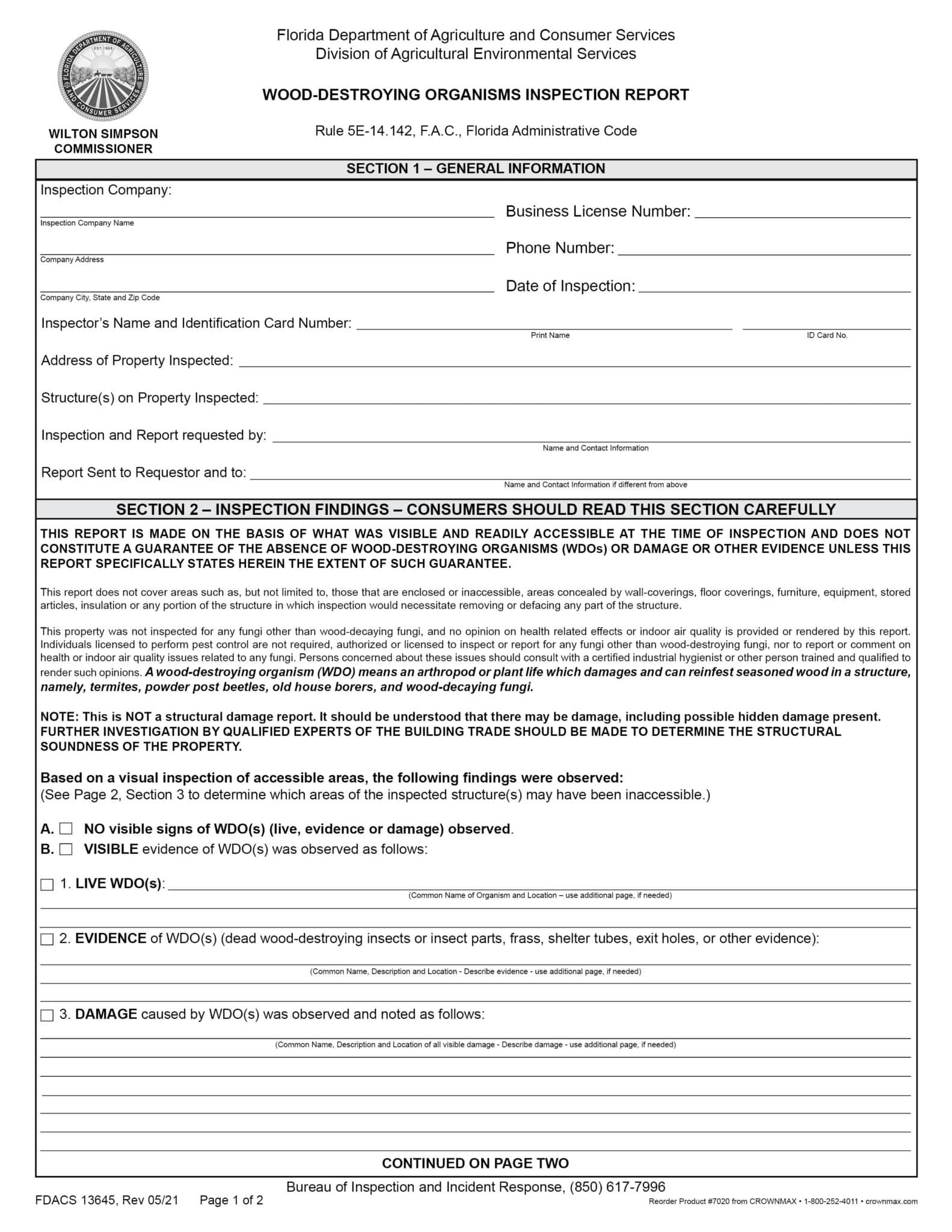 7020 Florida WDO Inspection Report