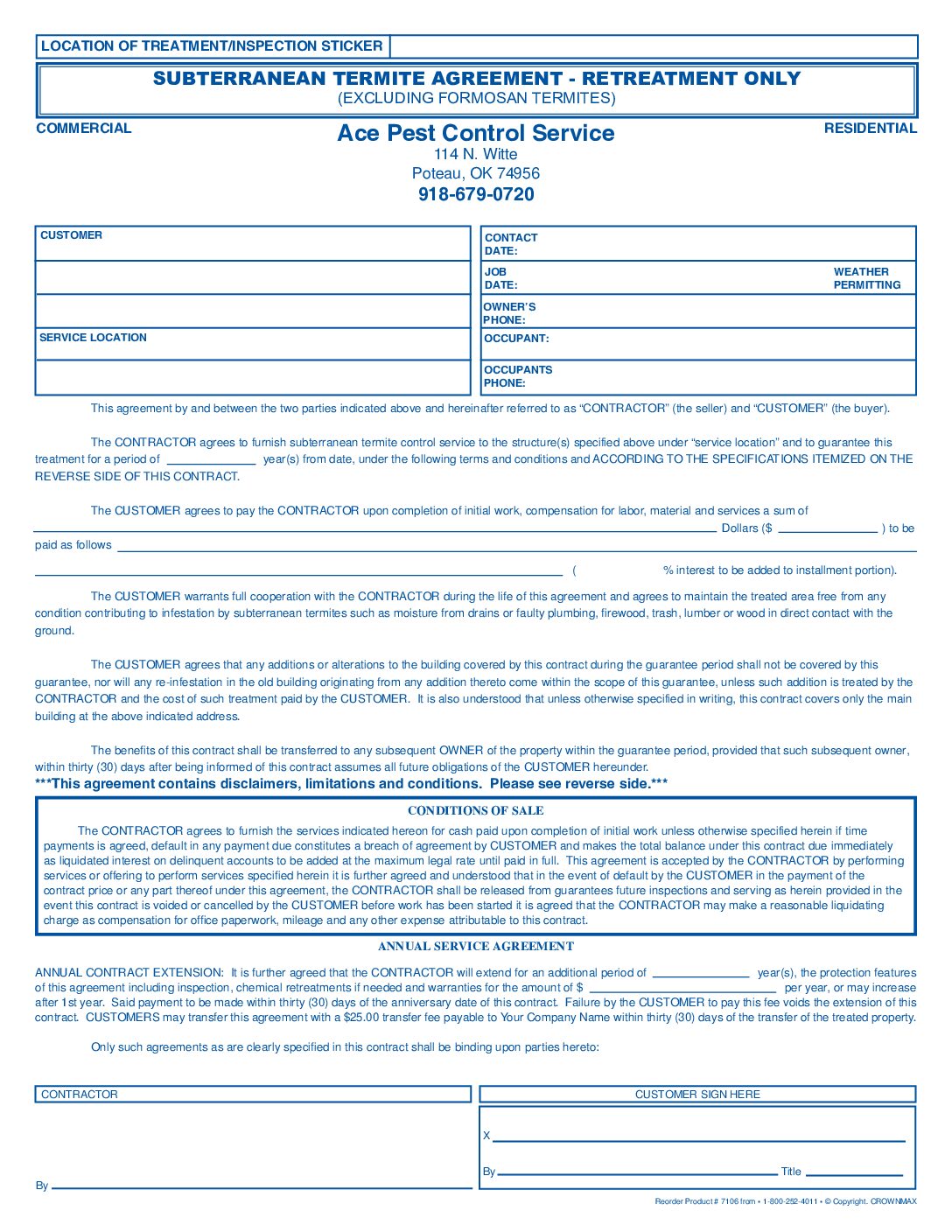 7106 - Subterranean Termite Agreement – Retreatment only