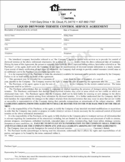 7119 liquid drywood termite service agreement