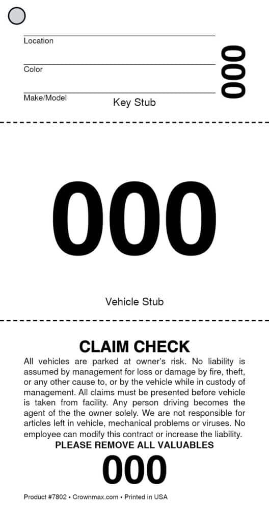 7802 Valet Parking Ticket Classic Numbered3 Part