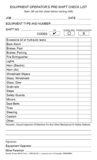 9510-PREVIEW EQUIPMENT OPERATORS CHECKLIST