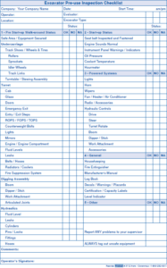 Excavator pre-use inspection checklist