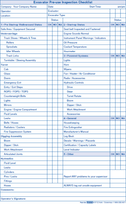 Excavator Pre-Use Inspection Checklist